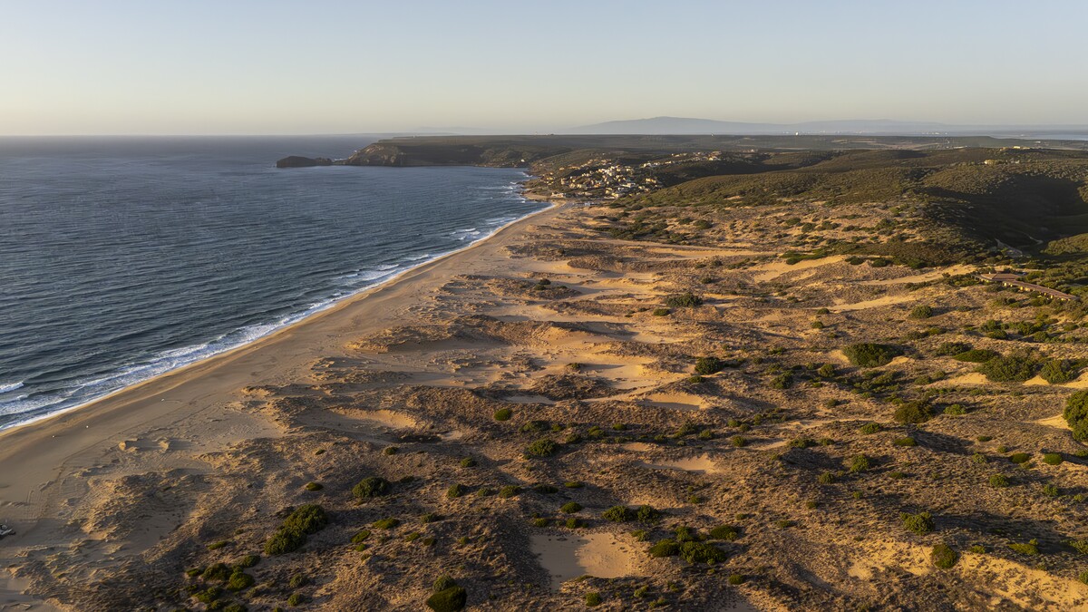 The long wild beach of Torre dei Corsari with the golden dunes at sunset, Costa Verde, Sardinia